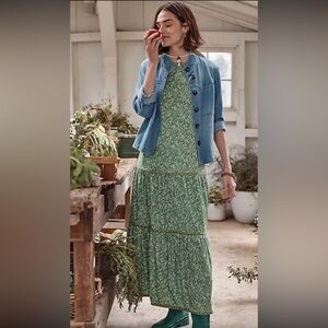 J.Jill Green Grass Fern Ditsy Tiered Mixed Print Maxi Dress Size XL